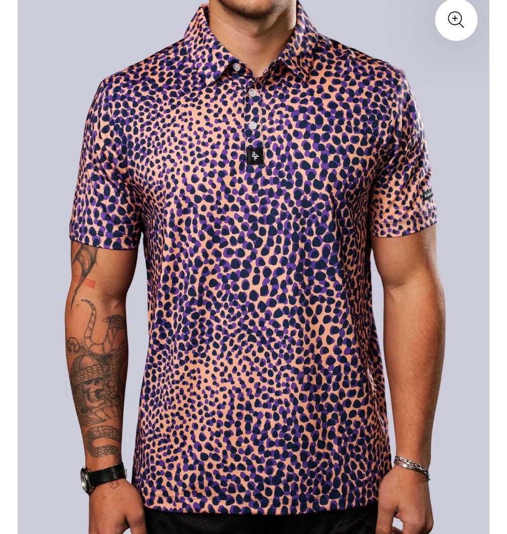 Byrd Gang "Groovy Cat" men's polo features a vibrant purple and orange 4XL